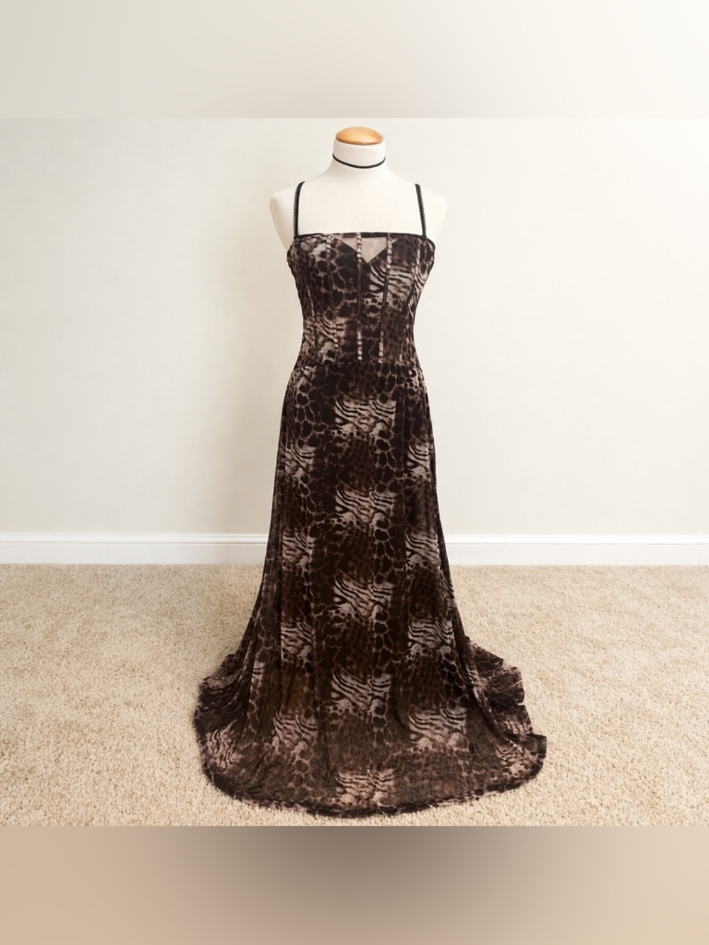 Brown Patterned Maxi Dress with Spaghetti Straps